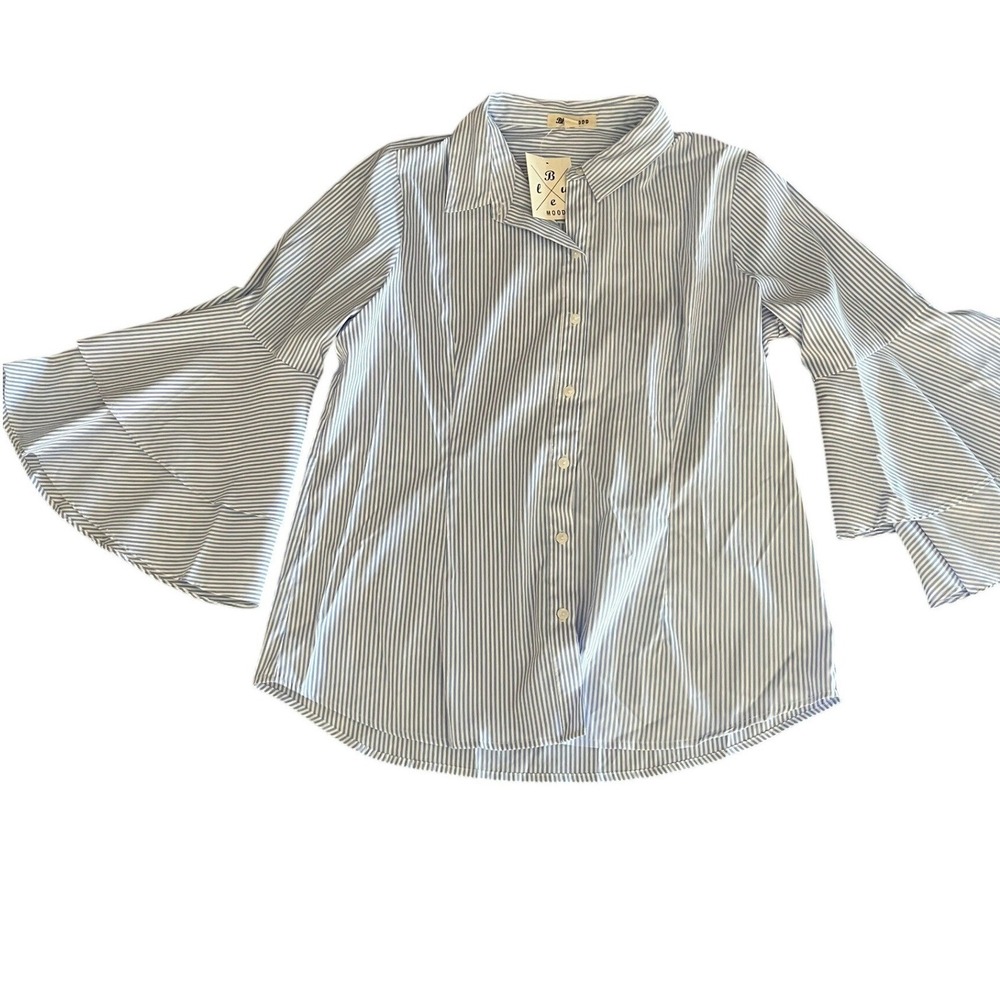 Blue Mood Womens Striped Bell‎ Sleeve Button Down Shirt XL Blue